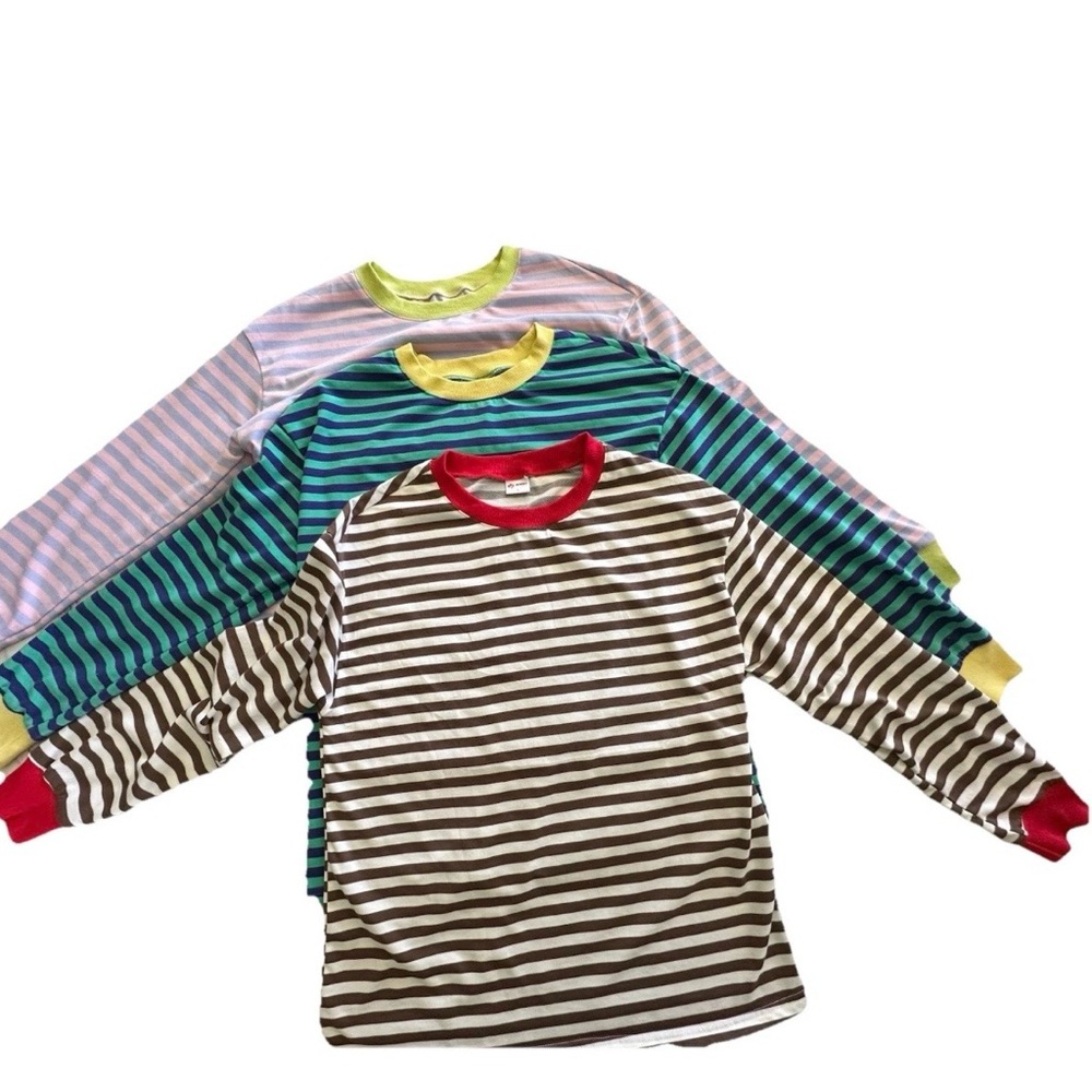 Count Of Three Long Sleeve Crew Neck Tee L Striped Knit Tops